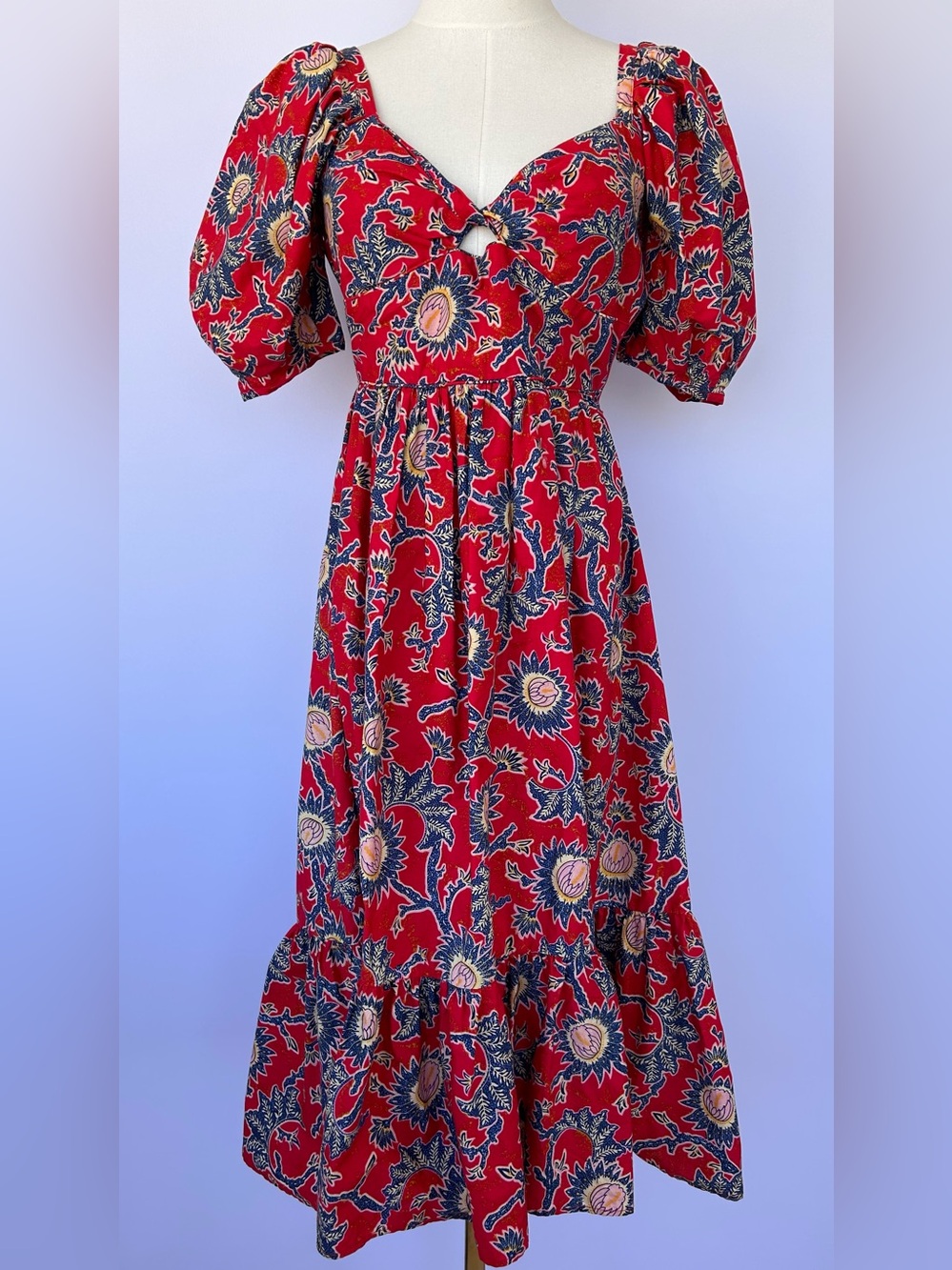 House of Harlow 1960 Women’s‎ Red Floral Midi Dress Pouf Sleeve  Size XS